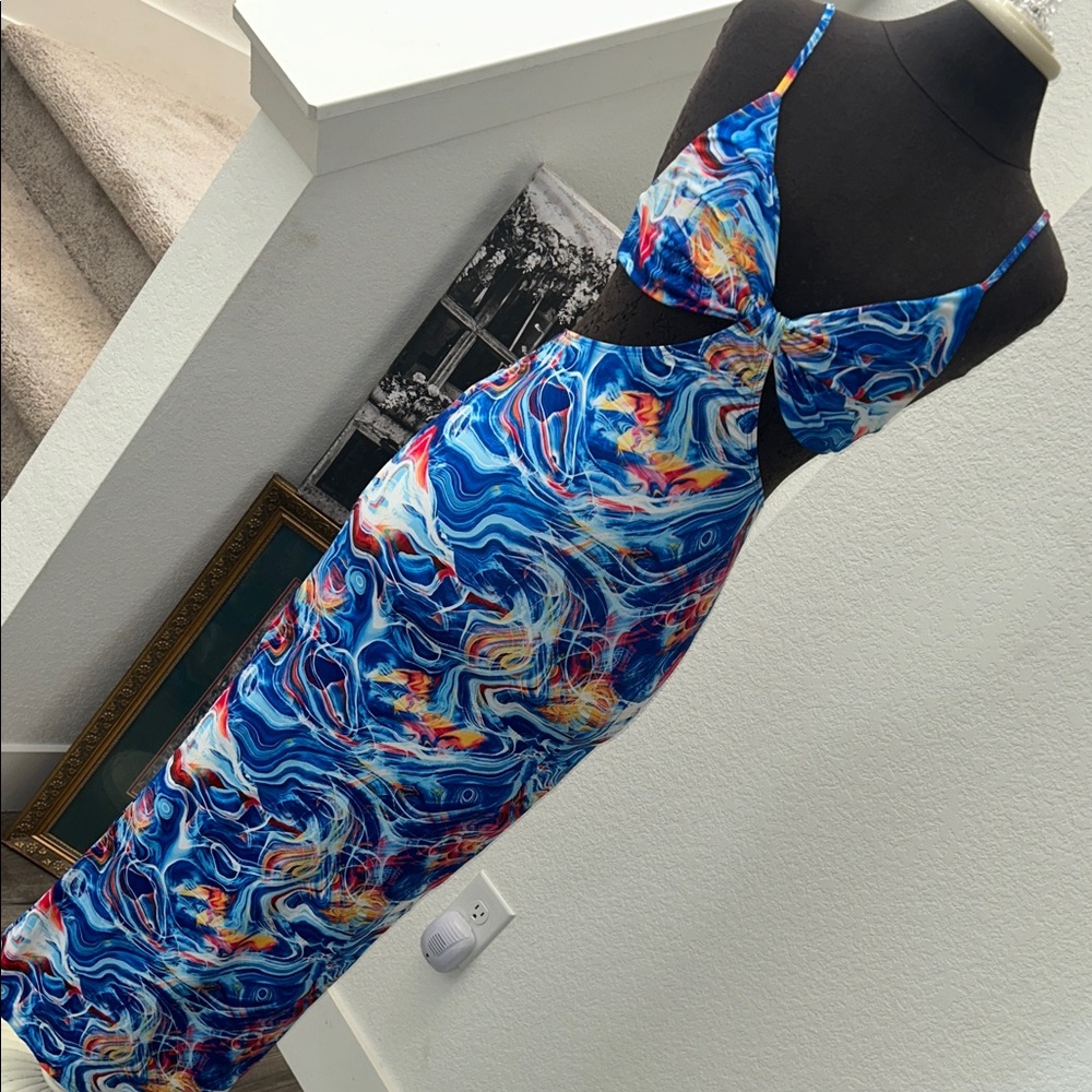 SHEIN Blue Swirl Cutout Maxi Dress with Multicolor Accents